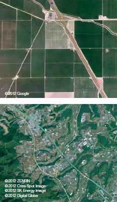 カリフォルニアの農地（上）と熊本県のハウス地帯（下）の比較。ともに上空3,000ｍから